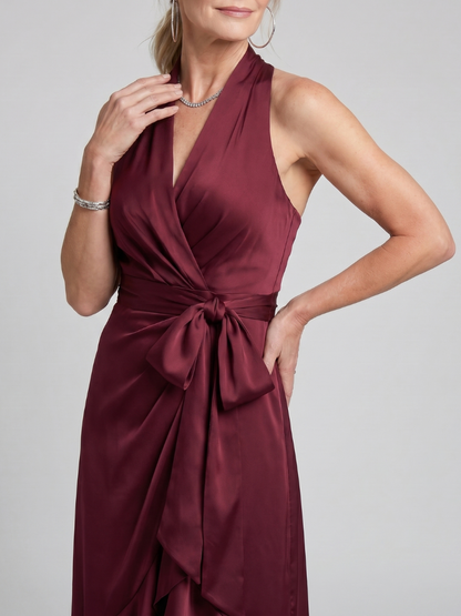 Halter Wrap Midi Dress with Asymmetric Hem