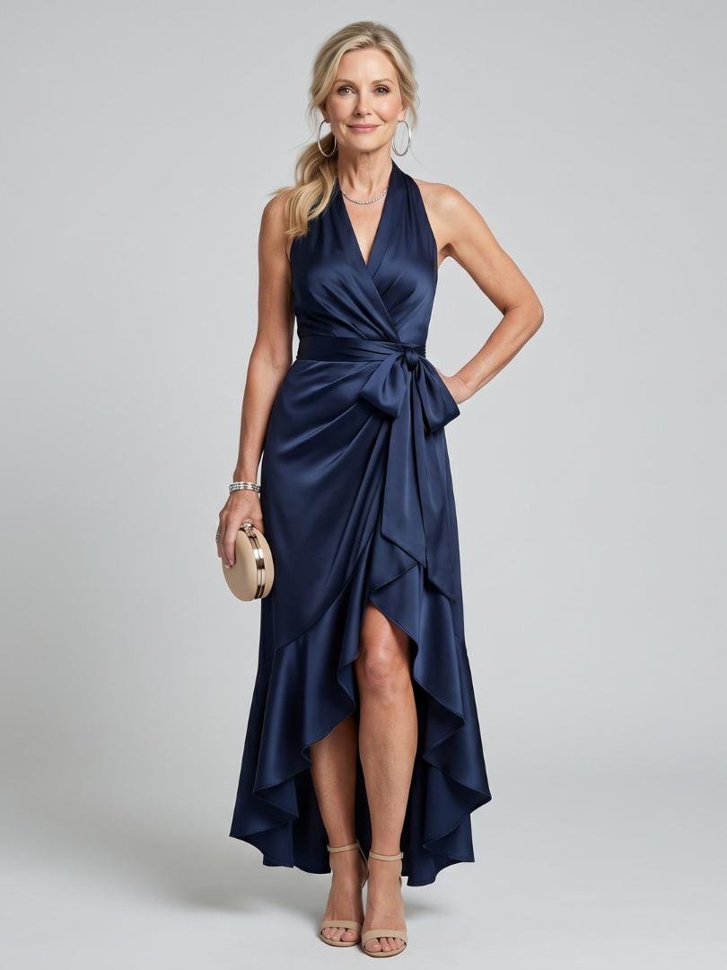 Halter Wrap Midi Dress with Asymmetric Hem