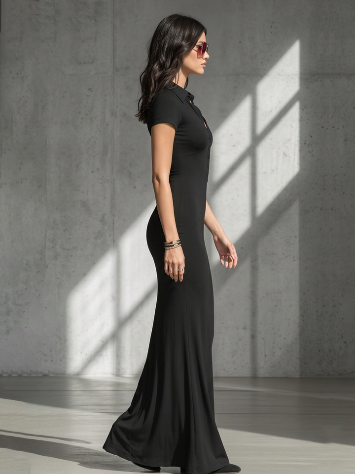 Women's Solid Black Soft Jersey Floor Dress With V Neck Henley Buttons & Figure-Hugging Silhouette, Modern Minimalist Casual Formal Maxi Dress
