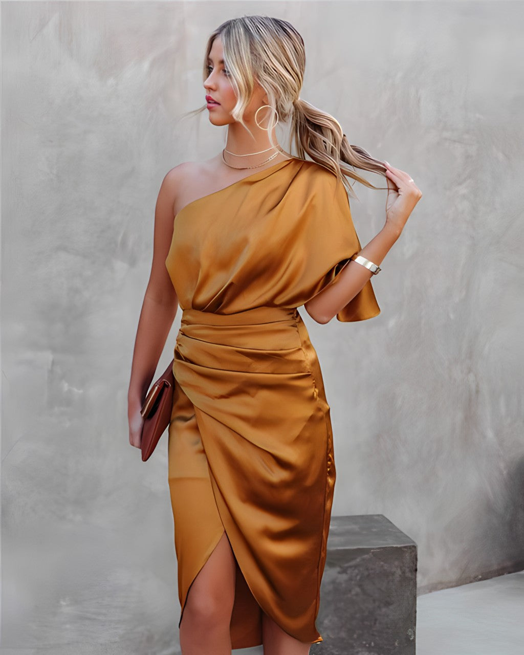 Ava | Vestido midi cruzado de un solo hombro para mujer