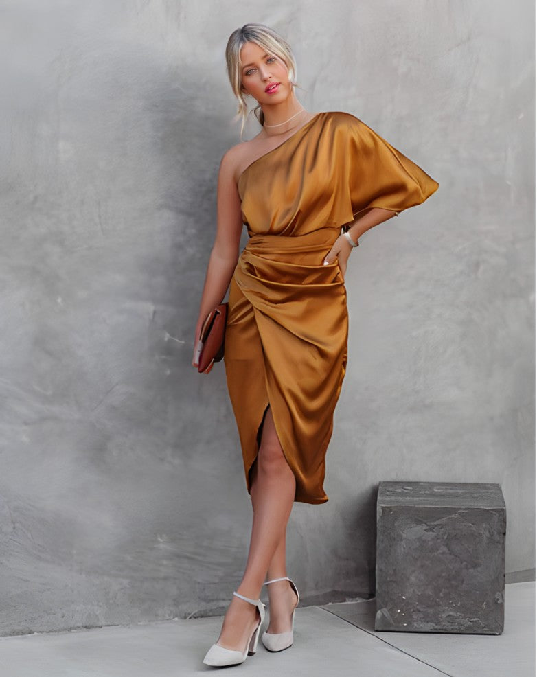 Ava | Vestido midi cruzado de un solo hombro para mujer