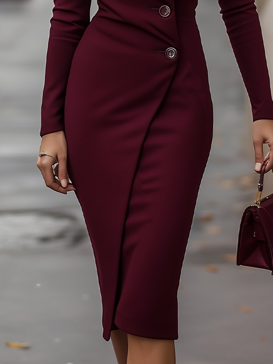 Caroline | Vestido midi cruzado con botones de primavera para mujer