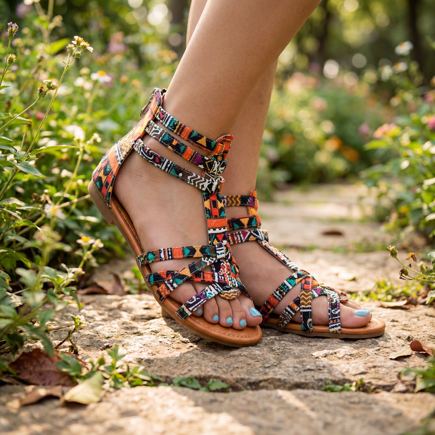 Sandalias gladiadoras bohemias con cremallera trasera