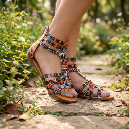 Sandalias gladiadoras bohemias con cremallera trasera