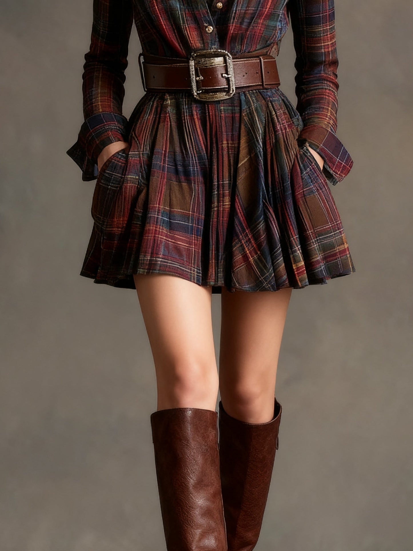 Minivestido vintage de cuadros rojos y marrones (incluye cinturón)