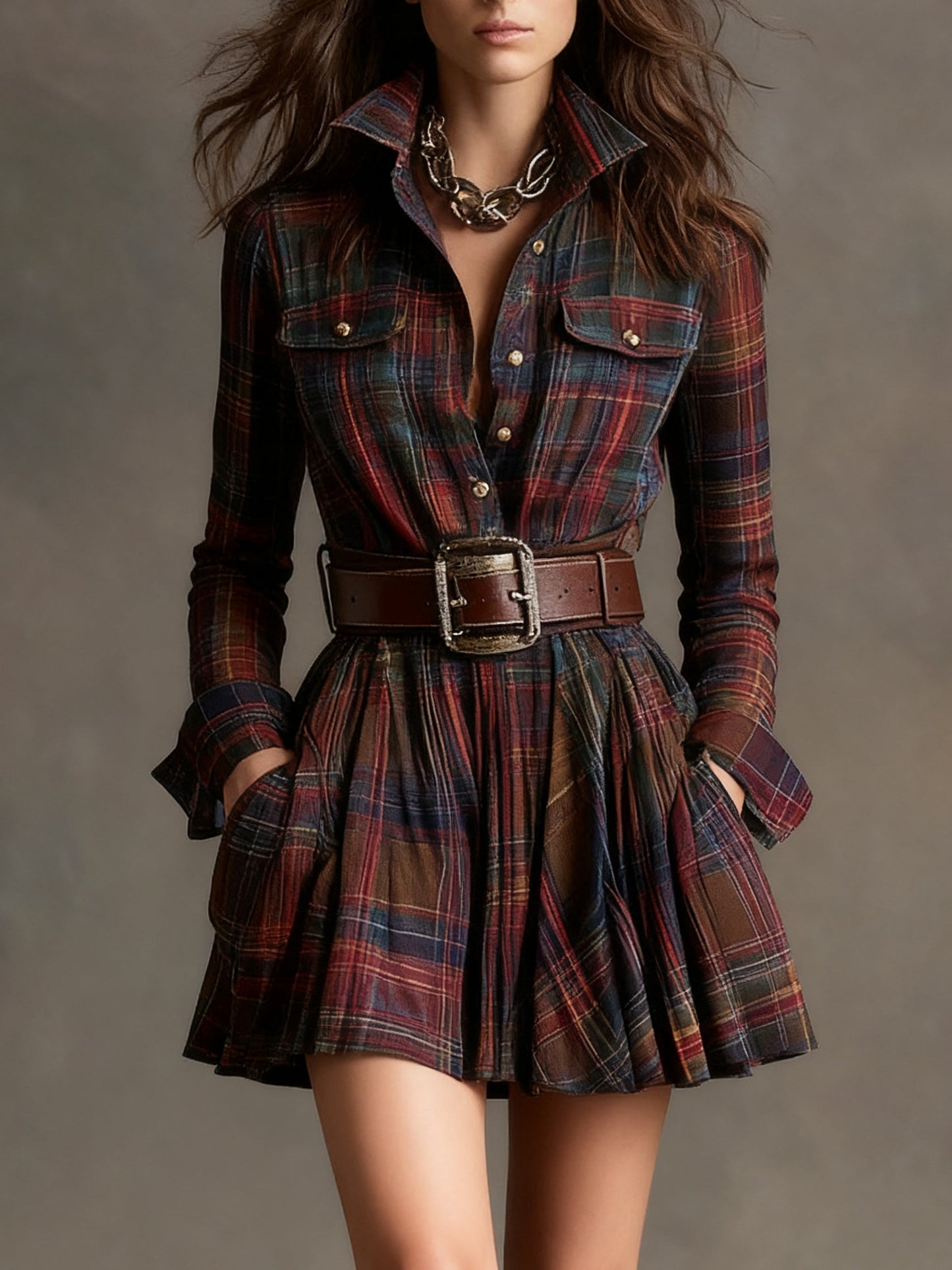 Minivestido vintage de cuadros rojos y marrones (incluye cinturón)