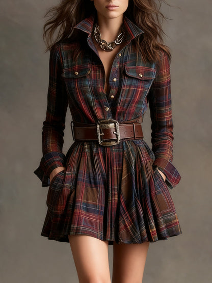 Minivestido vintage de cuadros rojos y marrones (incluye cinturón)