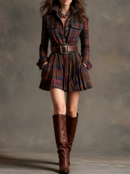 Minivestido vintage de cuadros rojos y marrones (incluye cinturón)