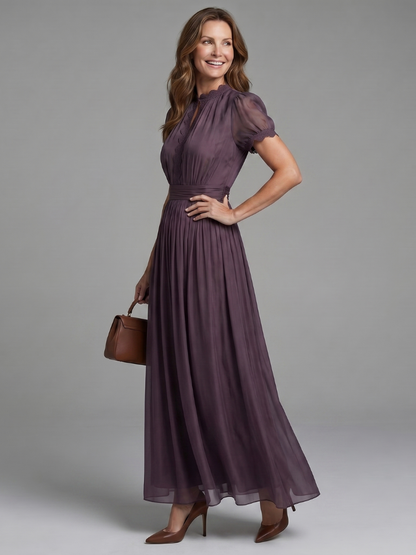 Keyhole Maxi Dress with Puff Sleeves and Gathered Waist