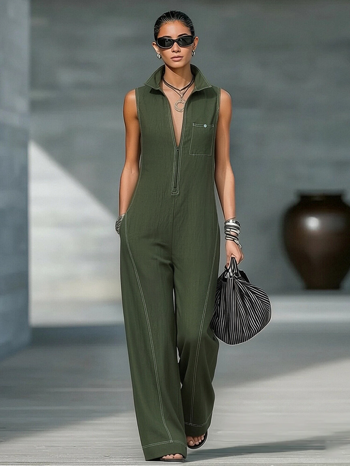 Women's Minimalist Loose-fitting White Trim Sleeveless Jumpsuit