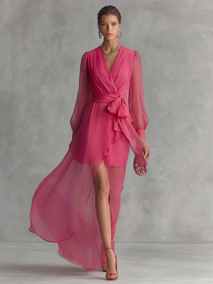 Women's Elegant Rose Pink Pearl Chiffon V-neck Tie-waist Long Dress