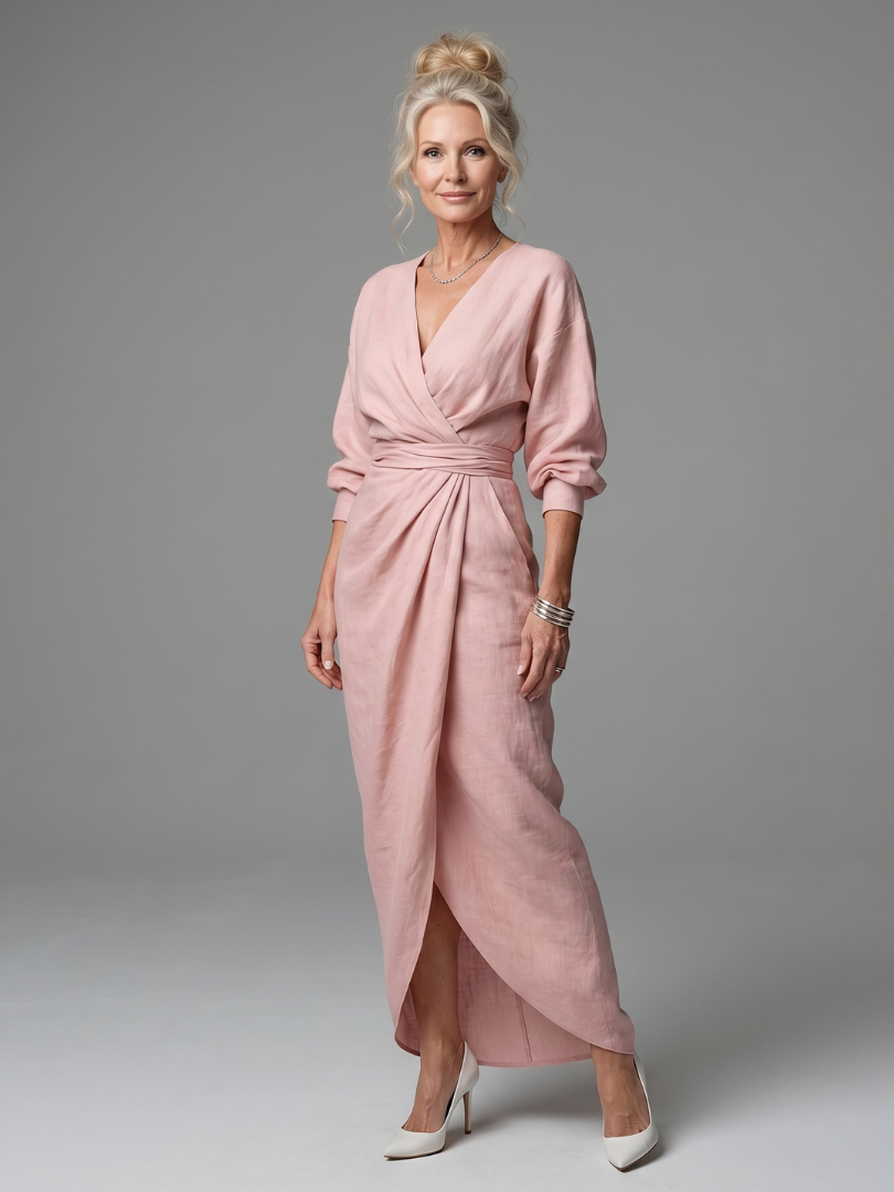 Long Sleeve Wrap Maxi Dress with Draped Skirt