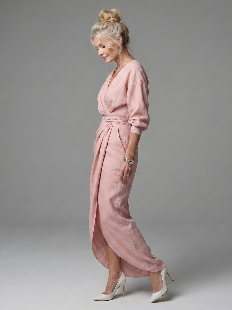 Long Sleeve Wrap Maxi Dress with Draped Skirt
