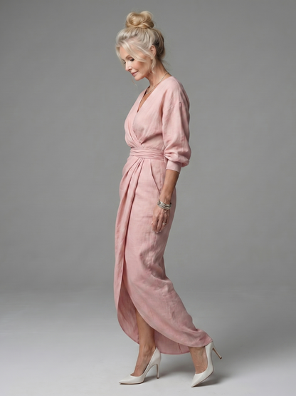 Long Sleeve Wrap Maxi Dress with Draped Skirt