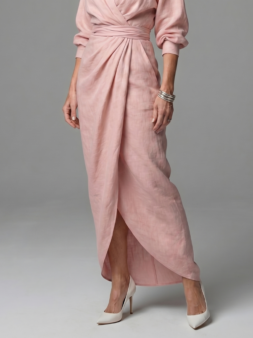 Long Sleeve Wrap Maxi Dress with Draped Skirt