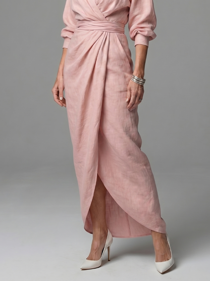 Long Sleeve Wrap Maxi Dress with Draped Skirt