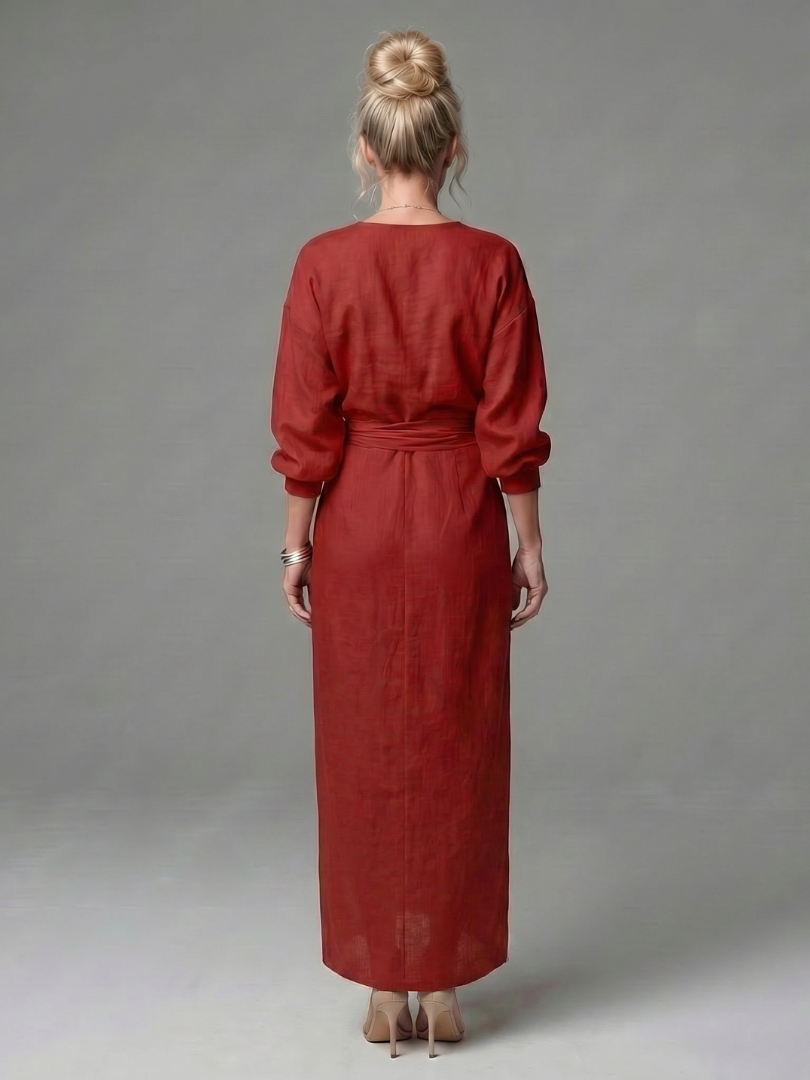 Long Sleeve Wrap Maxi Dress with Draped Skirt