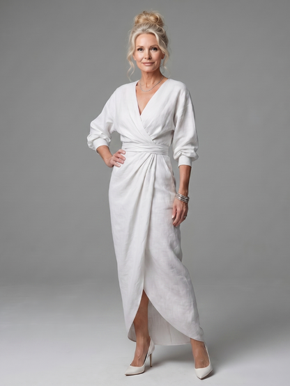 Long Sleeve Wrap Maxi Dress with Draped Skirt