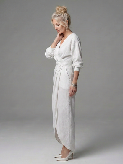 Long Sleeve Wrap Maxi Dress with Draped Skirt