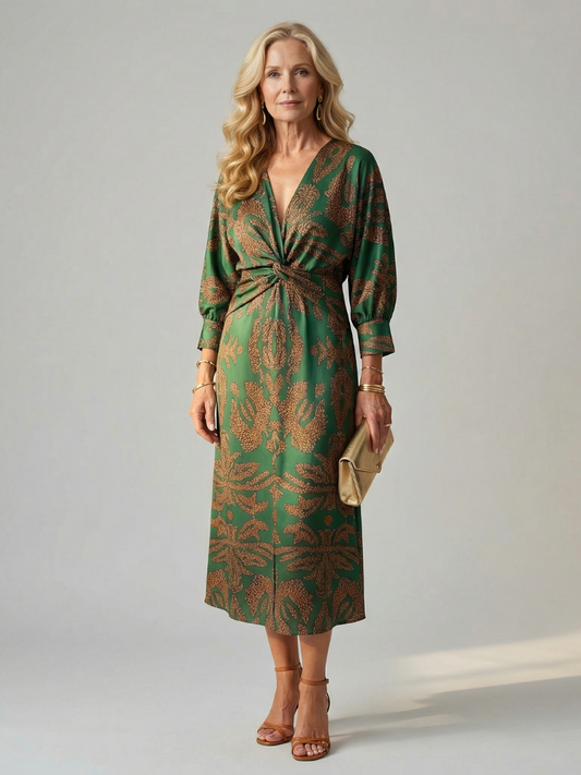 Long Sleeve Wrap Midi Dress with Twist Front