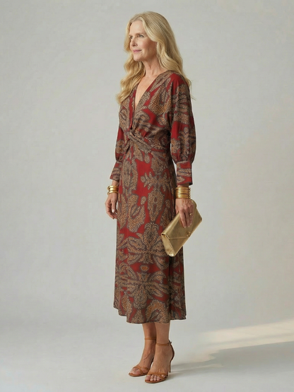 Long Sleeve Wrap Midi Dress with Twist Front
