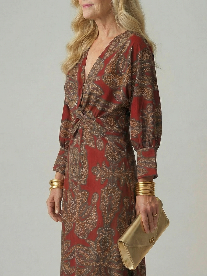 Long Sleeve Wrap Midi Dress with Twist Front