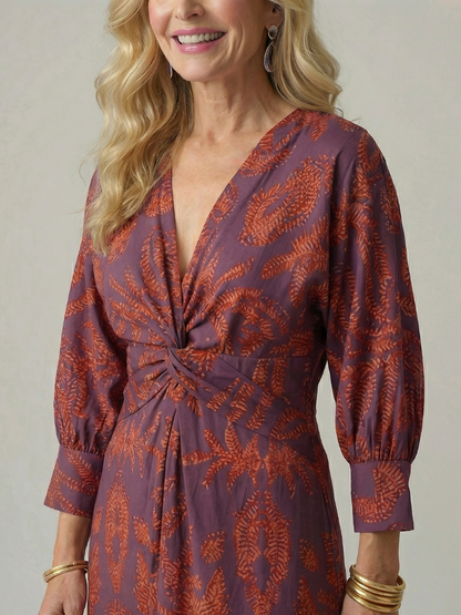 Long Sleeve Wrap Midi Dress with Twist Front