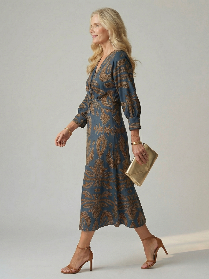 Long Sleeve Wrap Midi Dress with Twist Front