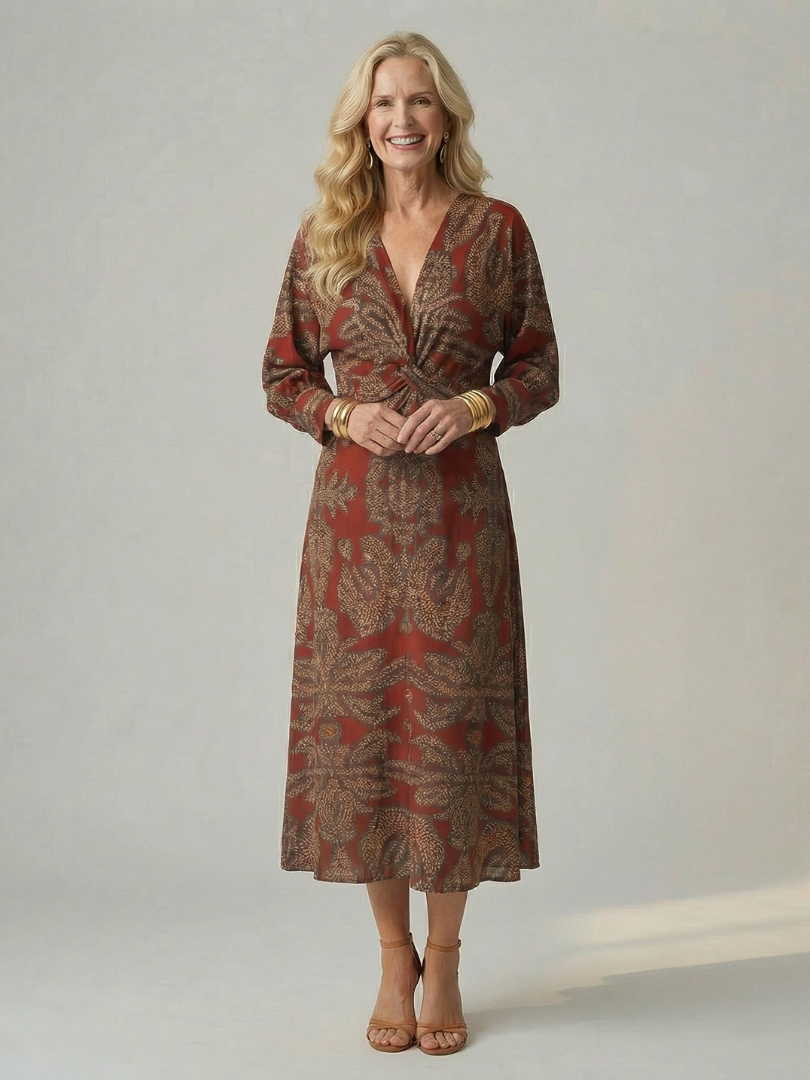 Long Sleeve Wrap Midi Dress with Twist Front