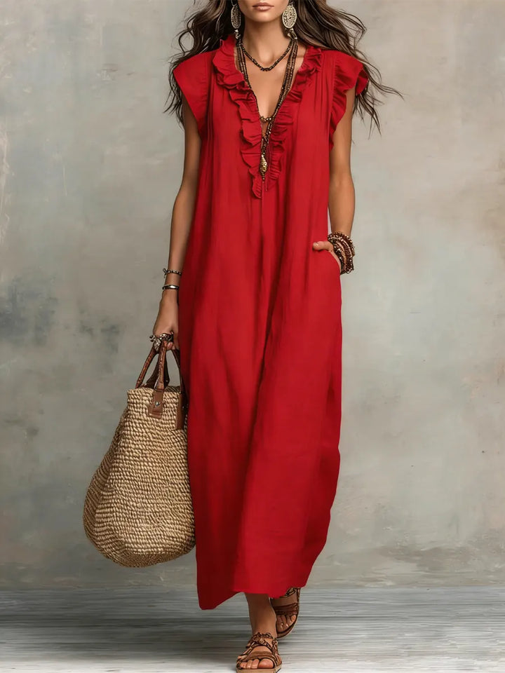 Camélia™ | Women's Long Linen and Cotton Dress with Ruffles
