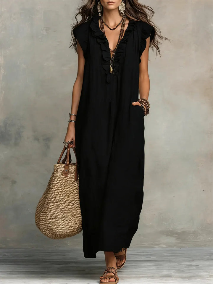 Camélia™ | Women's Long Linen and Cotton Dress with Ruffles