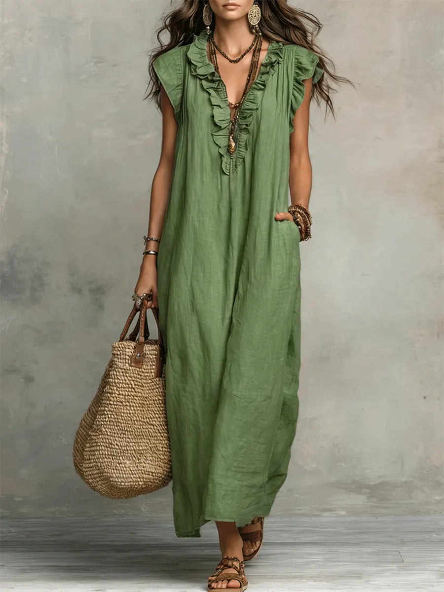 Camélia™ | Women's Long Linen and Cotton Dress with Ruffles
