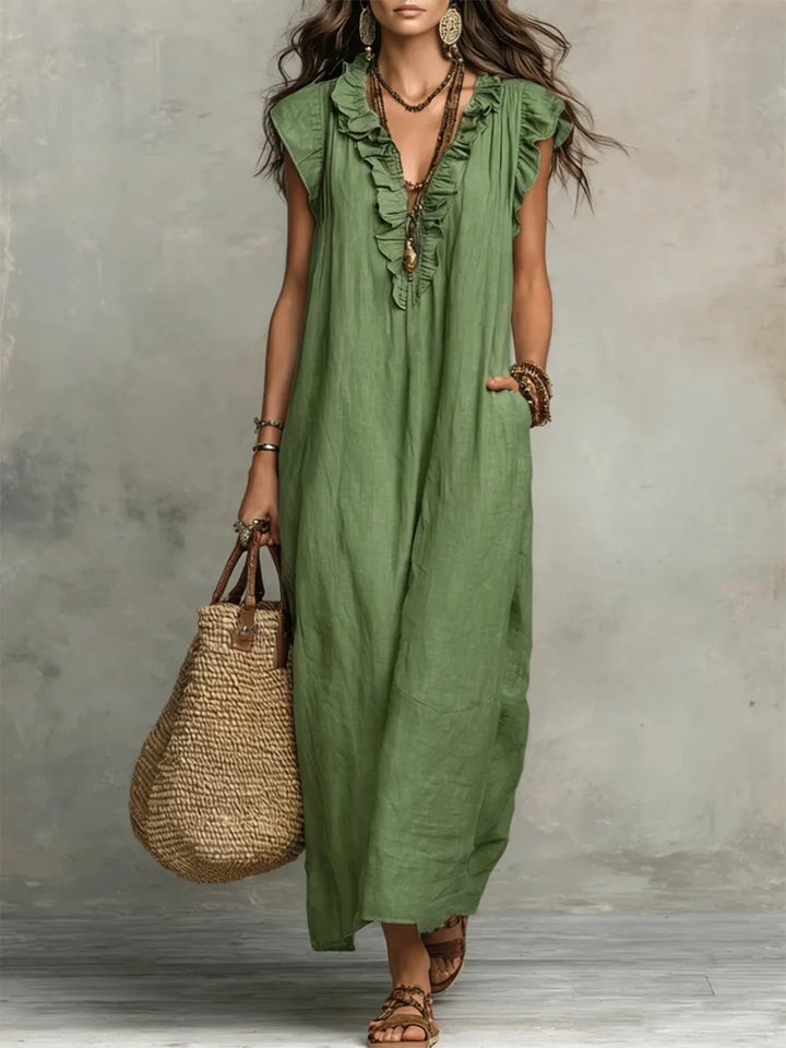 Camélia™ | Women's Long Linen and Cotton Dress with Ruffles
