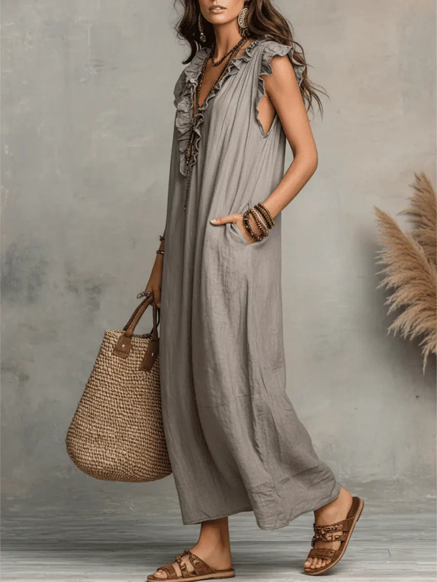 Camélia™ | Women's Long Linen and Cotton Dress with Ruffles