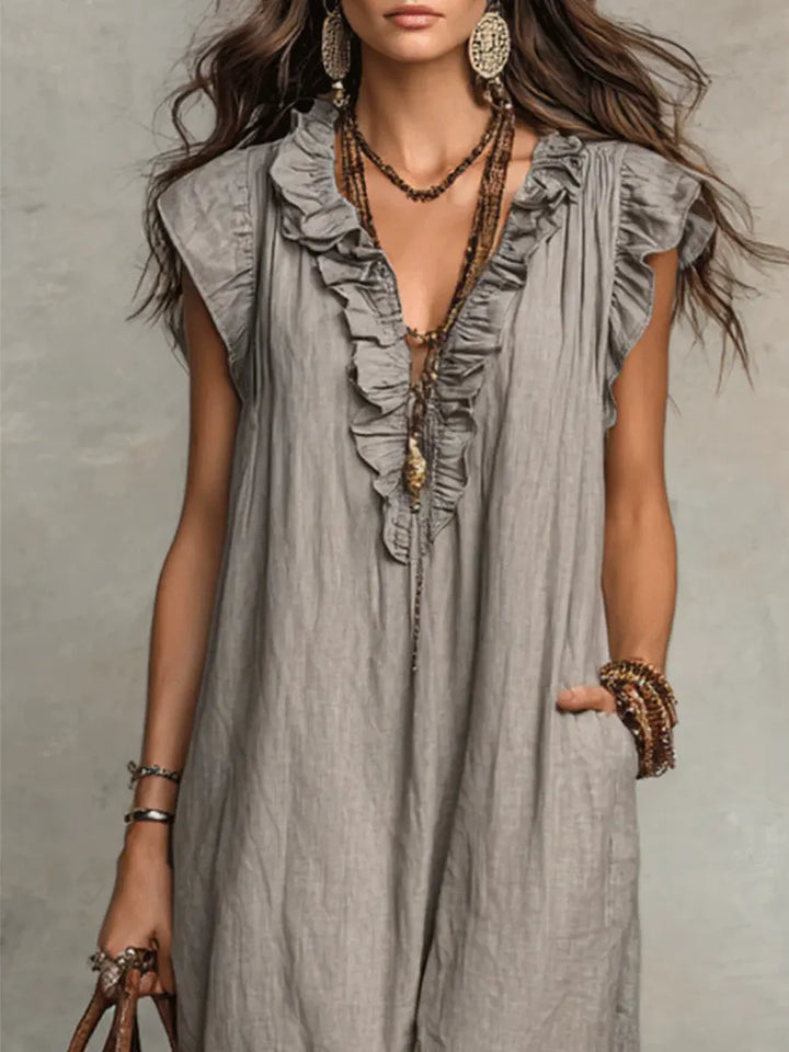 Camélia™ | Women's Long Linen and Cotton Dress with Ruffles