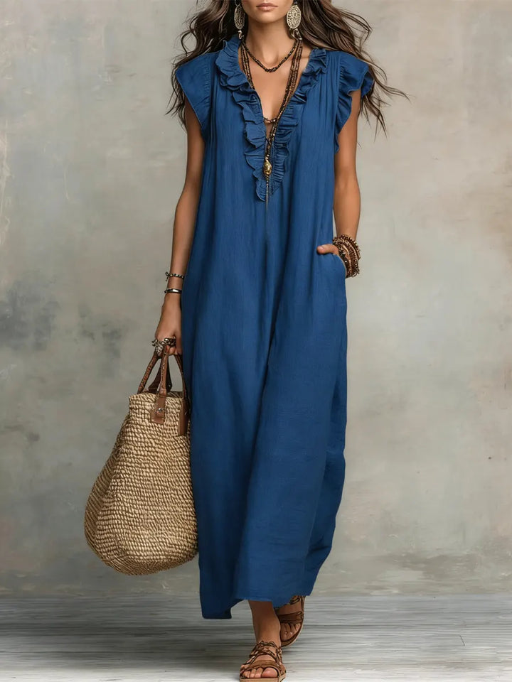 Camélia™ | Women's Long Linen and Cotton Dress with Ruffles