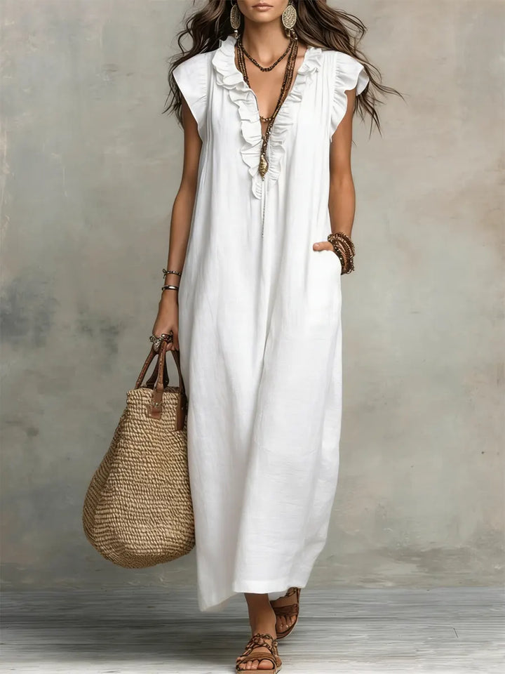 Camélia™ | Women's Long Linen and Cotton Dress with Ruffles