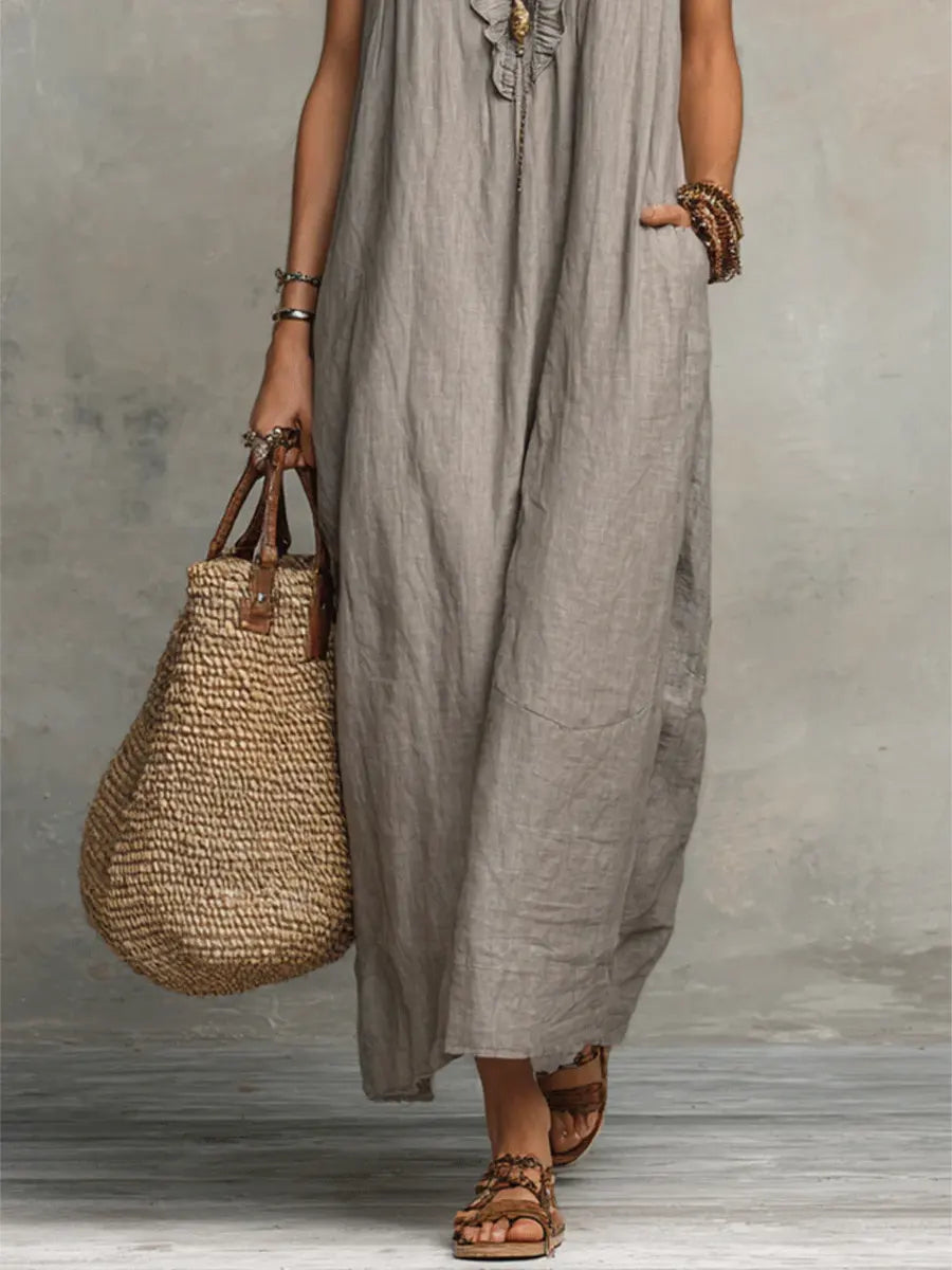 Camélia™ | Women's Long Linen and Cotton Dress with Ruffles