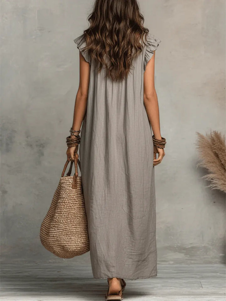 Camélia™ | Women's Long Linen and Cotton Dress with Ruffles