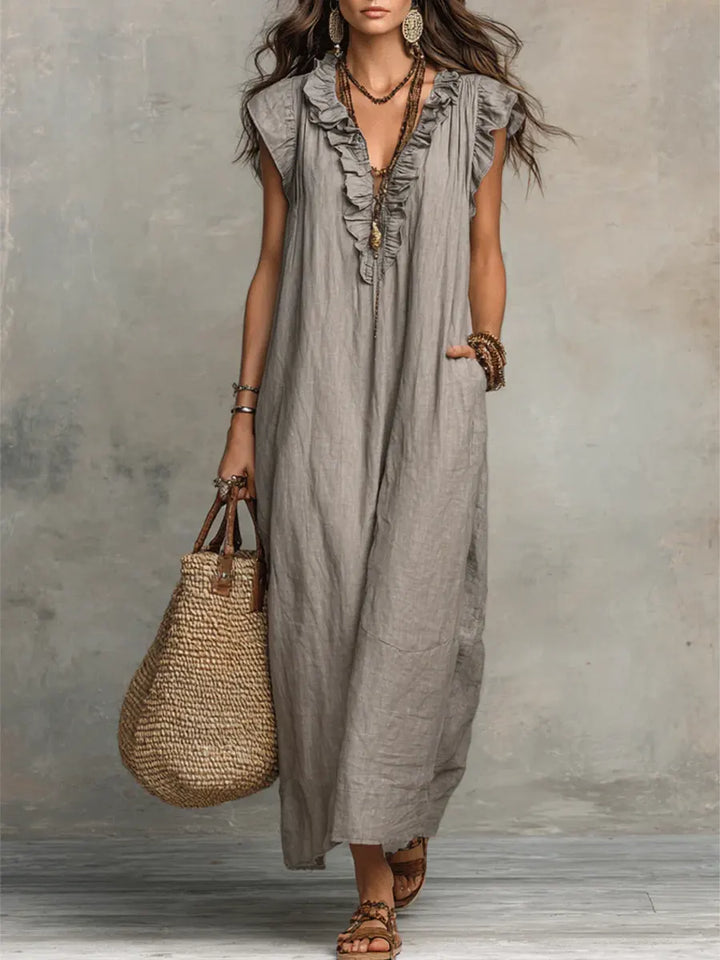 Camélia™ | Women's Long Linen and Cotton Dress with Ruffles