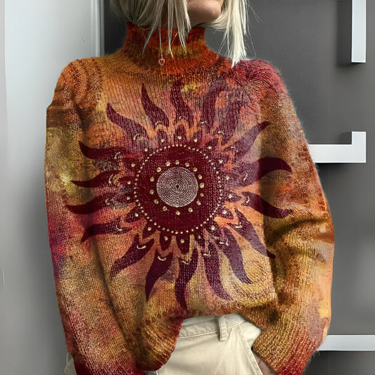 Warmer Knit Turtleneck Sweater with Tribal Sun Motif