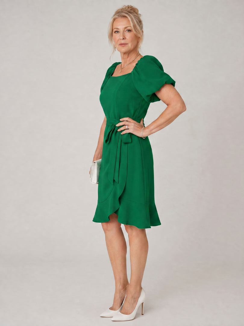 Puff Sleeve Dress with Ruffle Wrap Skirt
