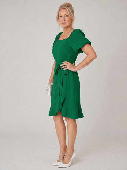 Puff Sleeve Dress with Ruffle Wrap Skirt