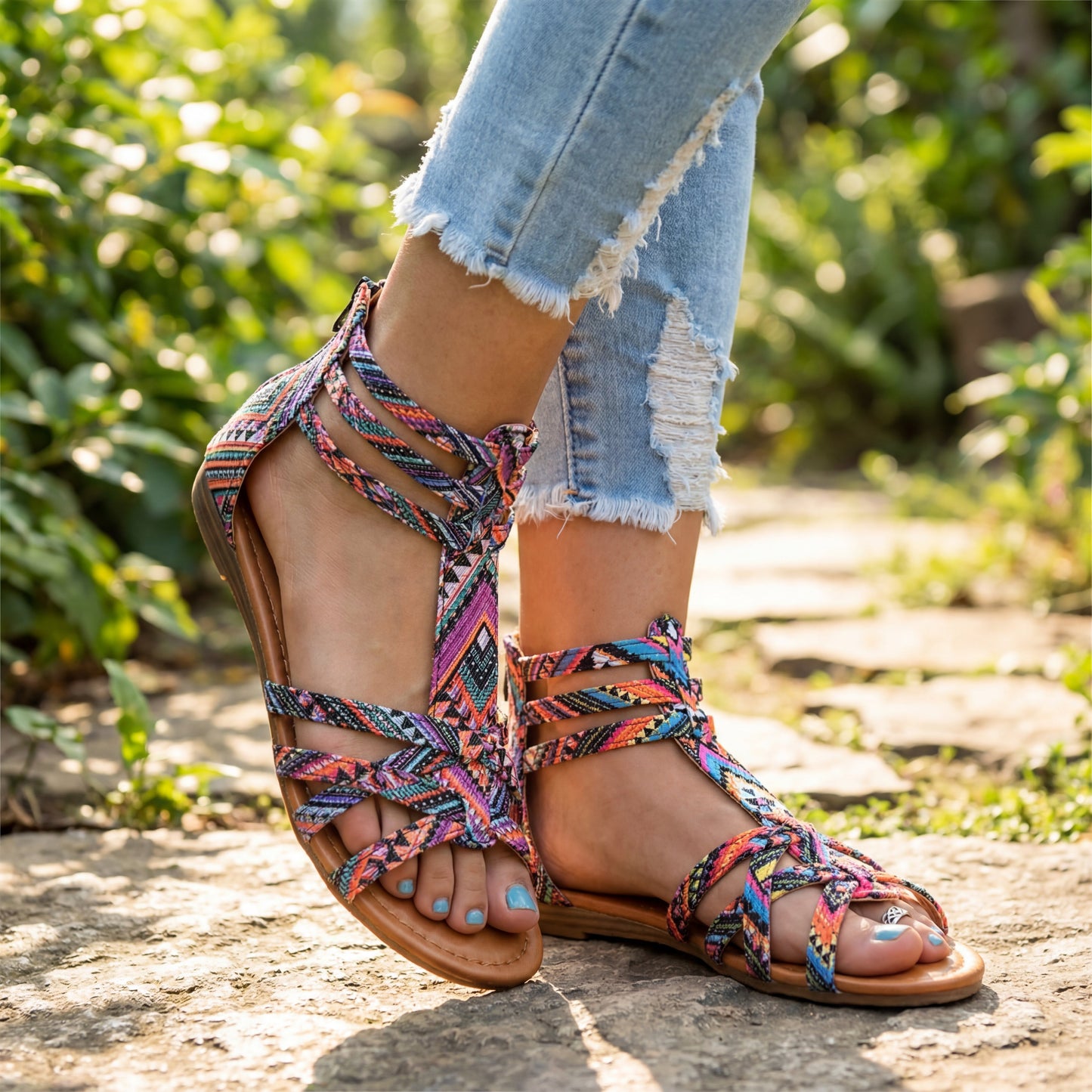Sandalias gladiadoras bohemias con cremallera trasera