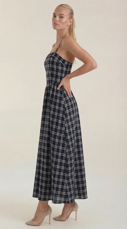 Square Neck Plaid Midi Sundress