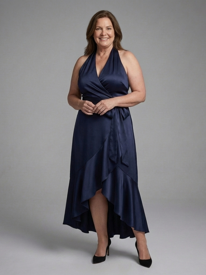 Satin Halter Dress with Tie Waist and High Low Hem