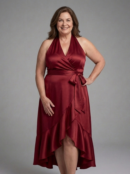 Satin Halter Dress with Tie Waist and High Low Hem