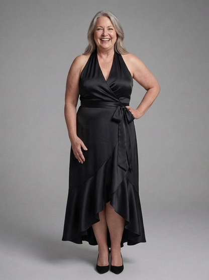 Satin Halter Dress with Tie Waist and High Low Hem