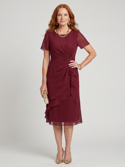 Short Sleeve Midi Dress with Ruffle Front