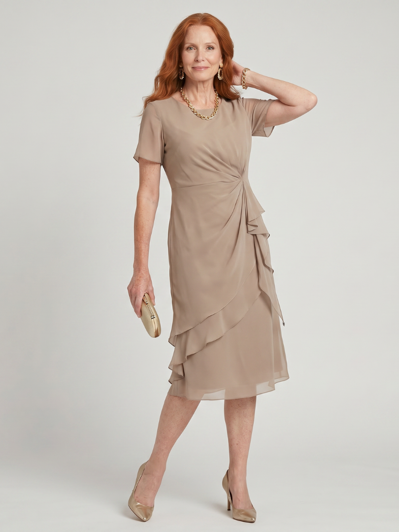 Short Sleeve Midi Dress with Ruffle Front